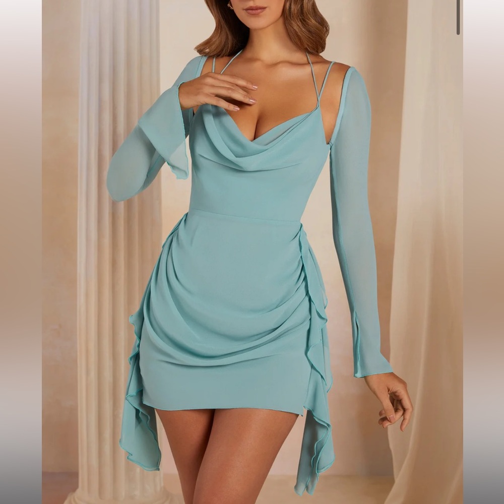 Oh Polly long sleeve draped mini dress in teal, size US 4.